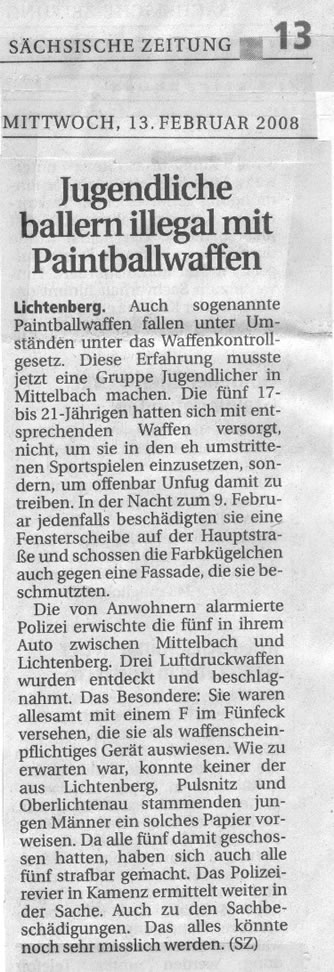 SÃ¤chsische Zeitung Lokalausgabe Kamenz v. 13.02.08: Paintballwaffenmissmbrauch