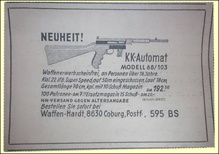 Anzeige Fa. Waffen-Hardt über Landmann-Preetz KK-Selbstladebüchse im MP-Look